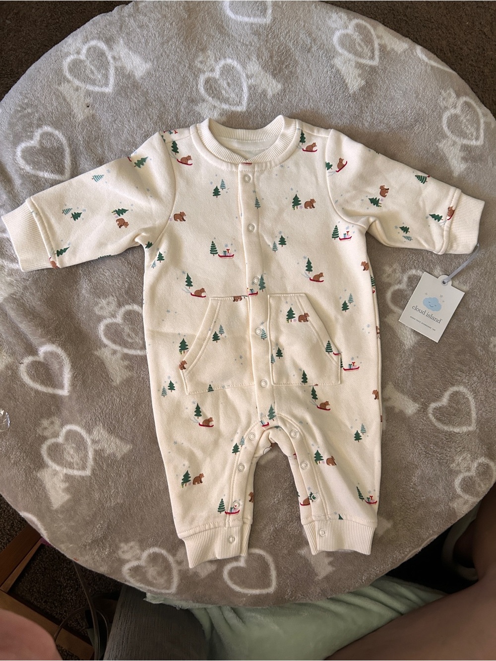 cloud island Cream Holiday Print Baby One-Piece with Trees and Sleds